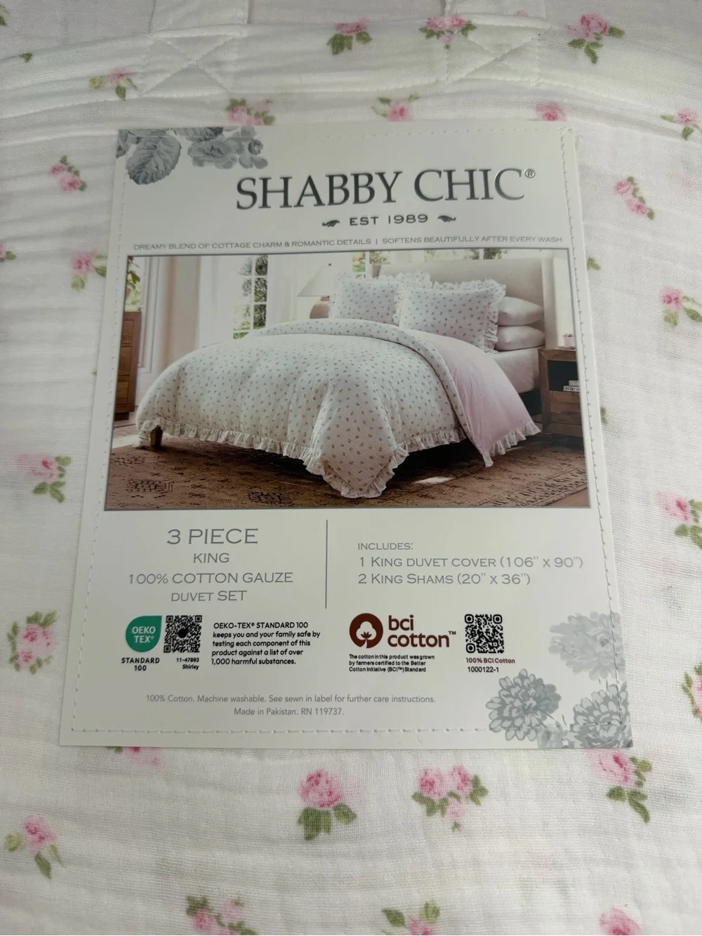 Shabby Chic Pink 3 PC King Gauze Duvet Set Pink Rose with Ruffles ~ Matching Bag - Picture 14 of 16